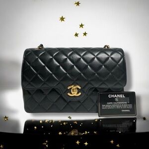 💕VINTAGE CHANEL Double Flap Quilted Lambskin • Black-Navy • SMALL • 24K GPHW